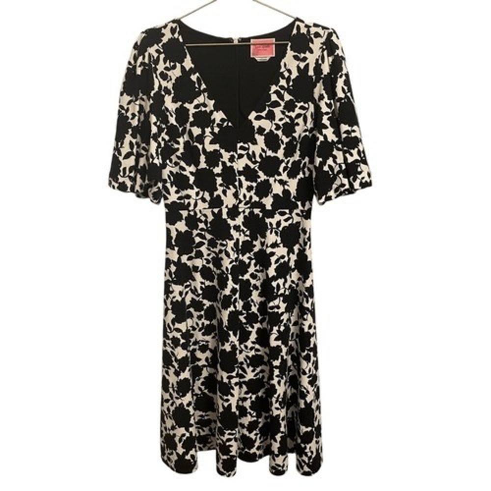 Kate Spade New York Floral V-Neck Fit and Flare Dress Black Cream Medium